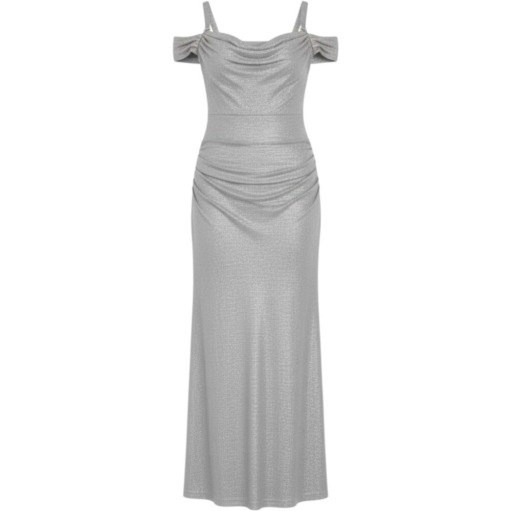 Womens Metallic Silver Evening Dress Off Shoulder Ruched Formal Siz